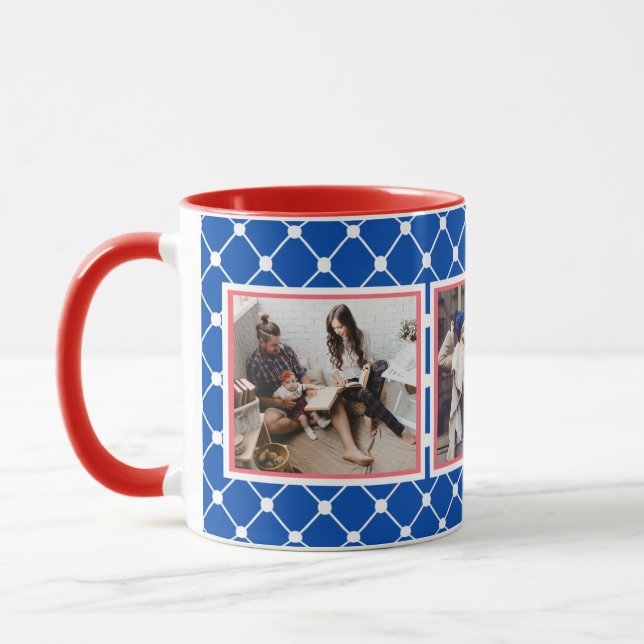 Red White and Blue Geometric Three Photo Collage Mug (Left)