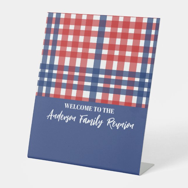 Red, White and Blue Gingham Family Reunion Pedestal Sign (Front)