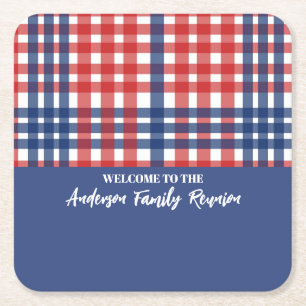 Red, White and Blue Gingham Family Reunion Square Paper Coaster