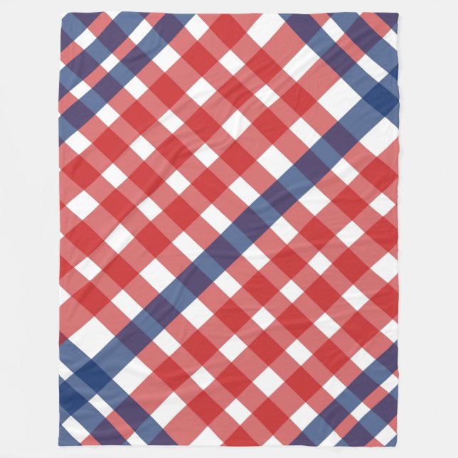 Red, White and Blue Gingham Plaid Americana Fleece Blanket (Front)