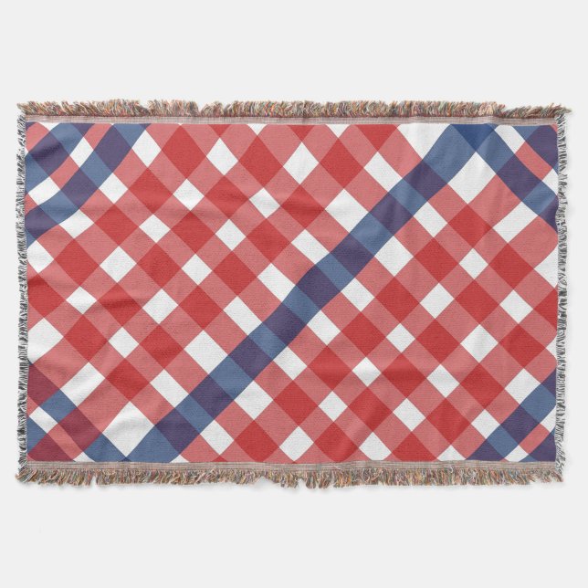 Red, White and Blue Gingham Plaid Americana Throw Blanket (Front)