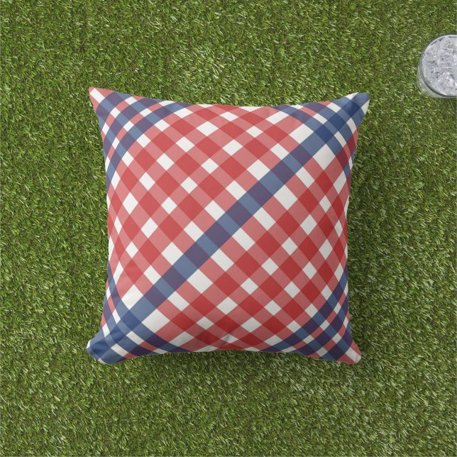 Red White and Blue Gingham Plaid Cushion (Grass)