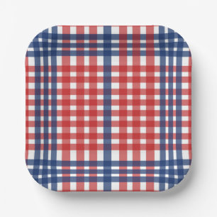 Red White and Blue Gingham Plaid Paper Plate