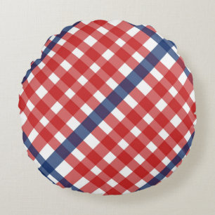 Red White and Blue Gingham Plaid Round Cushion