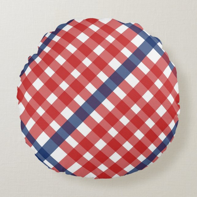 Red White and Blue Gingham Plaid Round Cushion (Front)