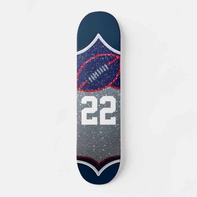 Red White and Blue Glitter Football Jersey Number Skateboard (Front)