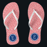 Red White and Blue Greek Key Monogram Thongs<br><div class="desc">Custom printed flip flop sandals with a stylish modern Greek key pattern and your custom monogram or other text in a circle frame. Click Customise It to change text fonts and colours or add your own images to create a unique one of a kind design!</div>