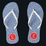 Red White and Blue Greek Key Monogram Thongs<br><div class="desc">Custom printed flip flop sandals with a stylish modern Greek key pattern and your custom monogram or other text in a circle frame. Click Customise It to change text fonts and colours or add your own images to create a unique one of a kind design!</div>