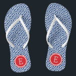 Red White and Blue Greek Key Monogram Thongs<br><div class="desc">Custom printed flip flop sandals with a stylish modern Greek key pattern and your custom monogram or other text in a circle frame. Click Customise It to change text fonts and colours or add your own images to create a unique one of a kind design!</div>