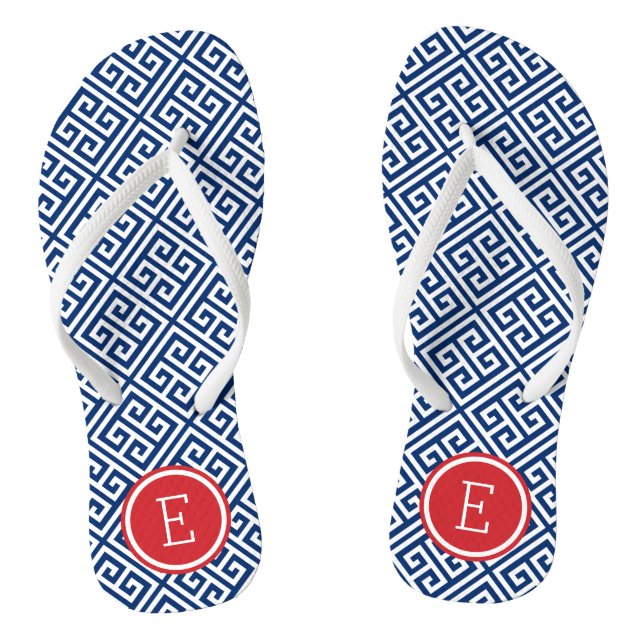 Red White and Blue Greek Key Monogram Thongs (Footbed)
