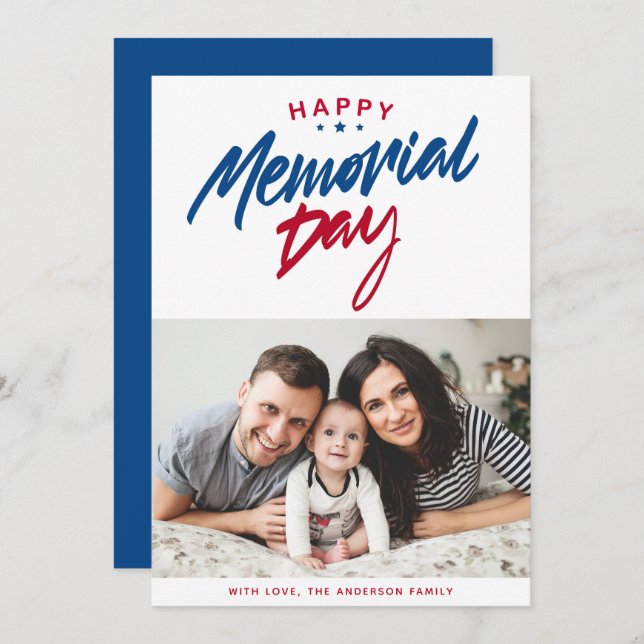Red, White and Blue Happy Memorial Day Photo Holiday Card (Front/Back)