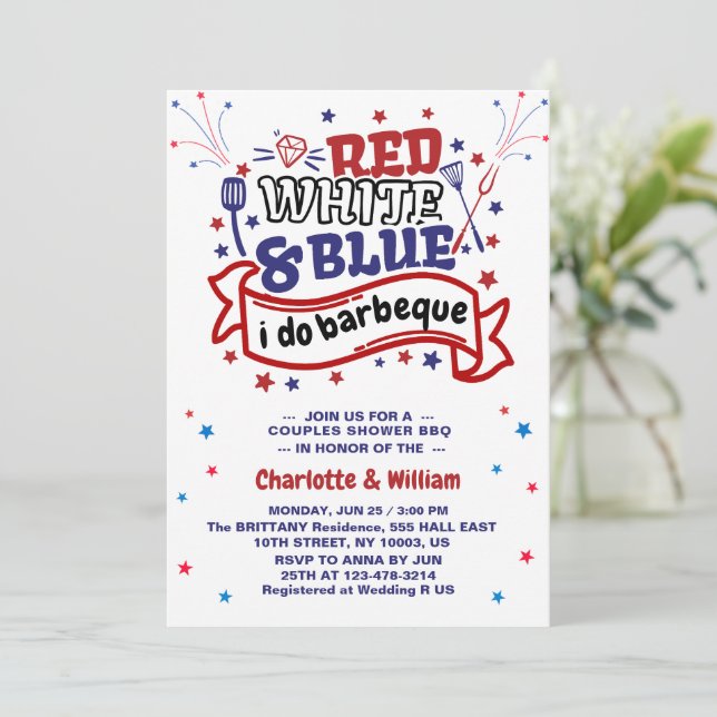 Red White and Blue i do BBQ Couple Bridal shower  Invitation (Standing Front)