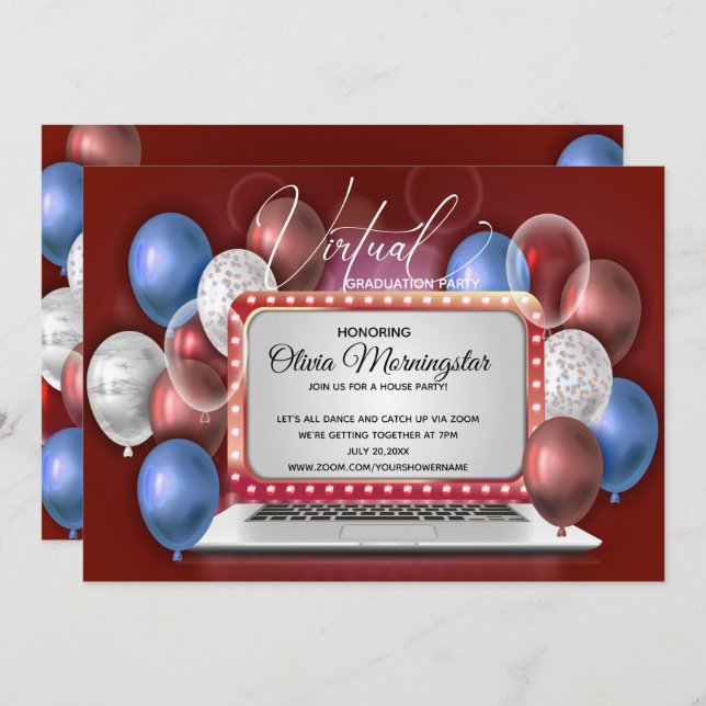 Red White and Blue Laptop Virtual Graduation Party Invitation (Front/Back)