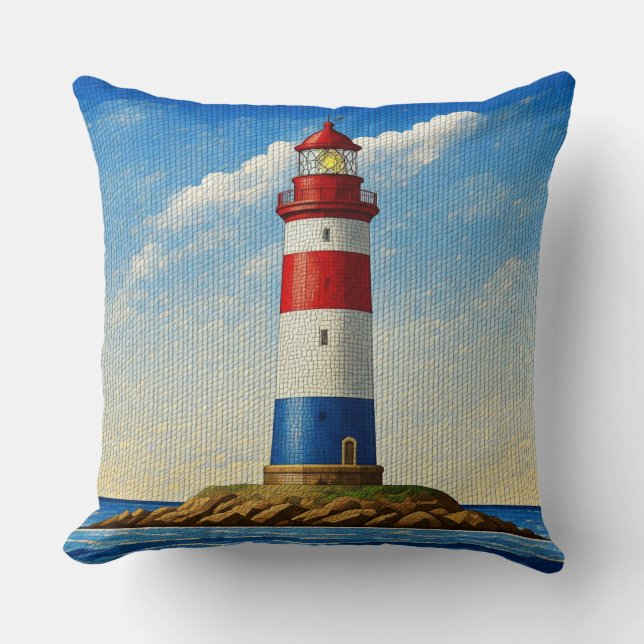 Red, White, and Blue Lighthouse Mosaic Pattern Cushion (Front)