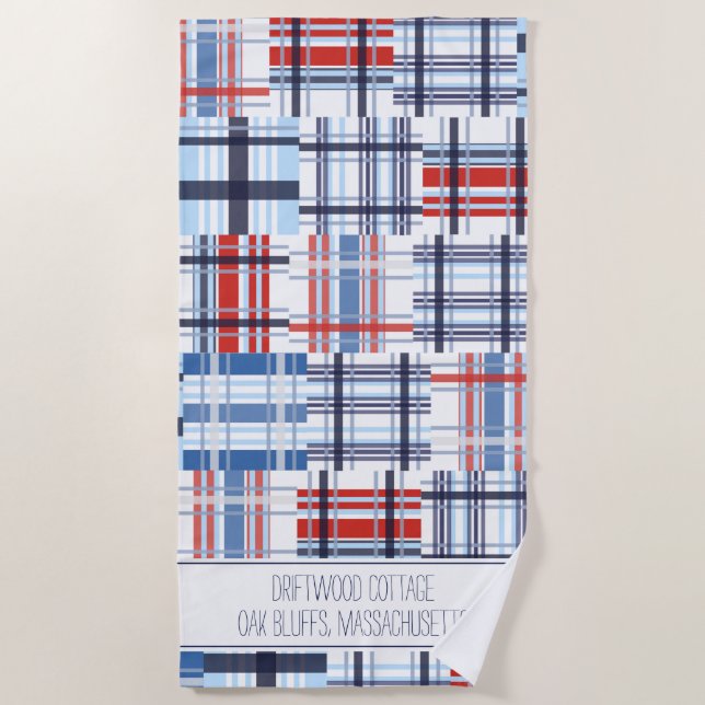 Red, White and Blue Madras Beach Towel with Text (Front)