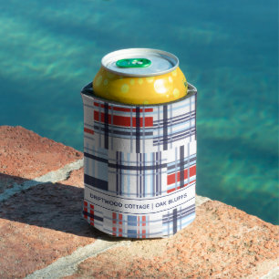 Red, White and Blue Madras Can Cooler with Text