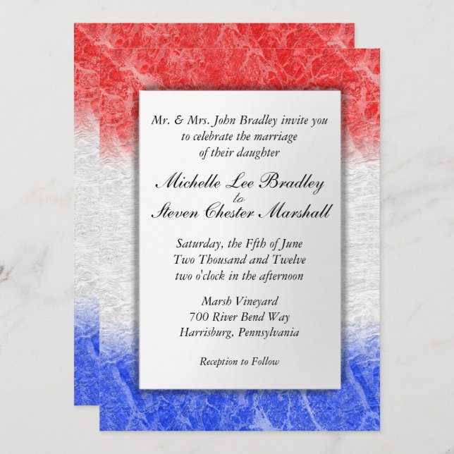 Red White and Blue Marble Wedding Invitations (Front/Back)
