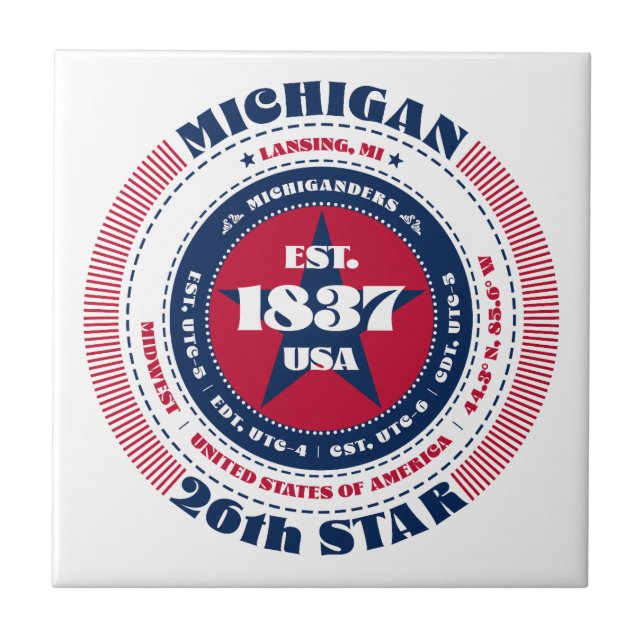 Red, White, and Blue Michigan Ceramic Tile (Front)