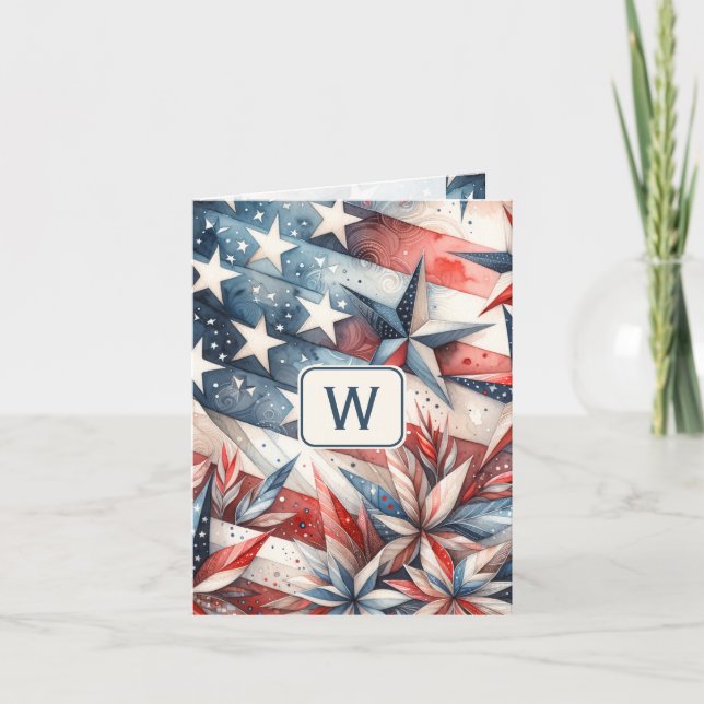 Red White and Blue Monogram Note Card (Front)