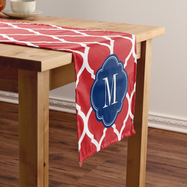 Red White and Blue Moroccan Quatrefoil Monogram Short Table Runner (In Situ)