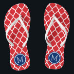 Red White and Blue Moroccan Quatrefoil Monogram Thongs<br><div class="desc">Custom printed flip flop sandals with a stylish Moroccan quatrefoil pattern and your custom monogram or other text in a circle frame. Click Customise It to change text fonts and colours or add your own images to create a unique one of a kind design!</div>