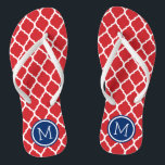 Red White and Blue Moroccan Quatrefoil Monogram Thongs<br><div class="desc">Custom printed flip flop sandals with a stylish Moroccan quatrefoil pattern and your custom monogram or other text in a circle frame. Click Customise It to change text fonts and colours or add your own images to create a unique one of a kind design!</div>