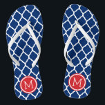 Red White and Blue Moroccan Quatrefoil Monogram Thongs<br><div class="desc">Custom printed flip flop sandals with a stylish Moroccan quatrefoil pattern and your custom monogram or other text in a circle frame. Click Customise It to change text fonts and colours or add your own images to create a unique one of a kind design!</div>