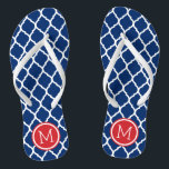 Red White and Blue Moroccan Quatrefoil Monogram Thongs<br><div class="desc">Custom printed flip flop sandals with a stylish Moroccan quatrefoil pattern and your custom monogram or other text in a circle frame. Click Customise It to change text fonts and colours or add your own images to create a unique one of a kind design!</div>