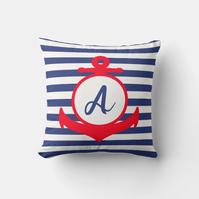 Red, White, and Blue Nautical Anchor with Initial Cushion (Front)