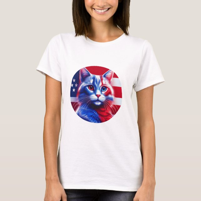 Red White And Blue Neon Cat With Anerican Flag T-Shirt (Front)