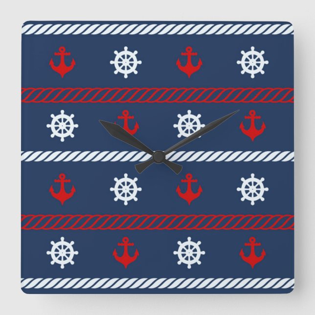Red White And Blue Ocean Pattern Square Wall Clock (Front)