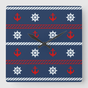 Red White And Blue Ocean Pattern Square Wall Clock