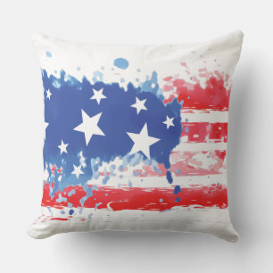 Red White and Blue Paint Splatter American Flag Cushion