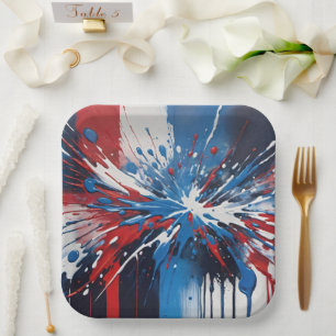 Red White And Blue Paint Splatter And Drips Paper Plate