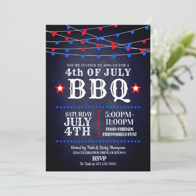 Red, White and Blue Party Lights 4th of July Party Invitation (Standing Front)