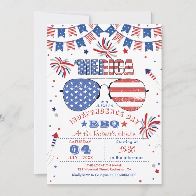 Red White and Blue Patriotic 4th of July BBQ Invitation (Front)