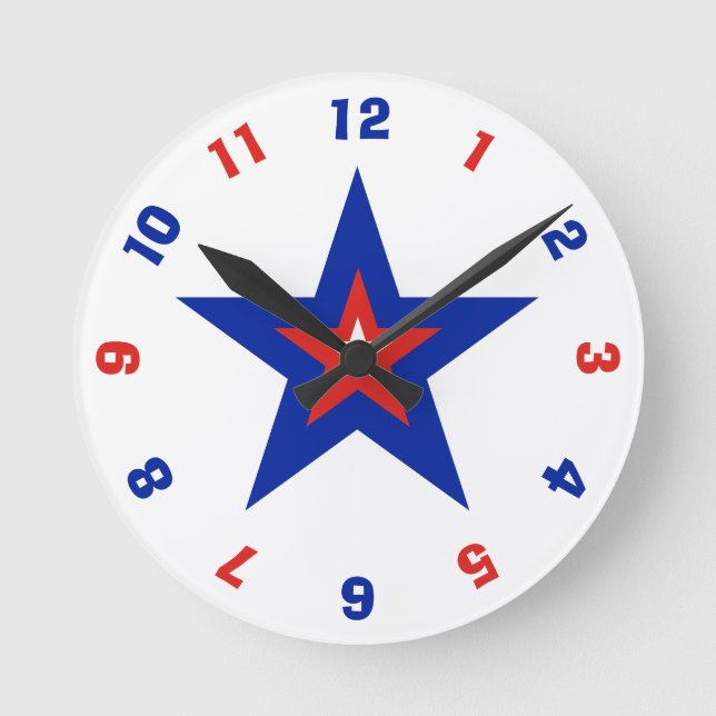 Red, White, and Blue Patriotic American Star Round Clock (Front)