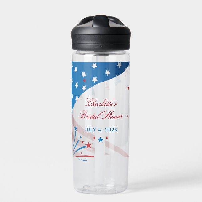 Red White and Blue Patriotic Bridal Shower Water Bottle (Front)