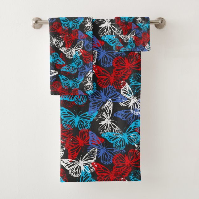 Red White and Blue Patriotic Butterfly Pattern Bath Towel Set (Insitu)