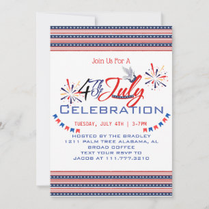 Red White and Blue Patriotic Firework 4th of July Invitation