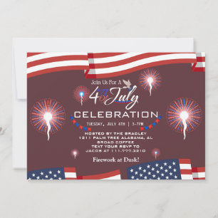 Red White and Blue Patriotic Firework 4th of July Invitation