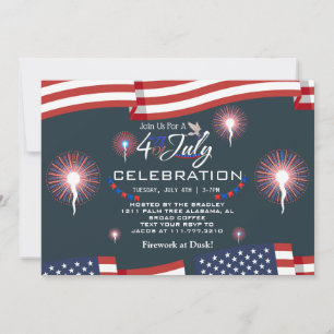 Red White and Blue Patriotic Firework 4th of July Invitation