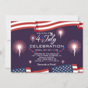 Red White and Blue Patriotic Firework 4th of July  Invitation