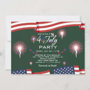 Red White and Blue Patriotic Firework 4th of July Invitation