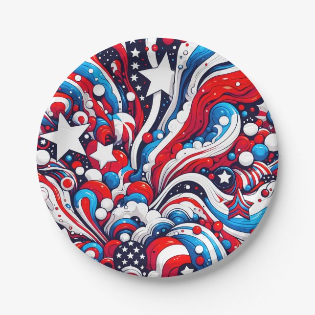 Red, White and Blue Patriotic Fourth of July  Paper Plate (Front)