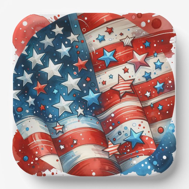 Red, White and Blue Patriotic Fourth of July Party Paper Plate (Front)