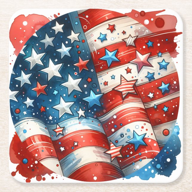 Red, White and Blue Patriotic Fourth of July Party Square Paper Coaster (Front)