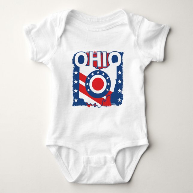 Red White and Blue Patriotic Grunge Ohio Baby Bodysuit (Front)