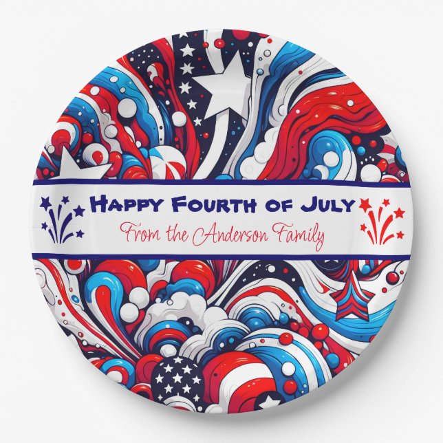 Red, White and Blue Patriotic Personalised Paper Plate (Front)
