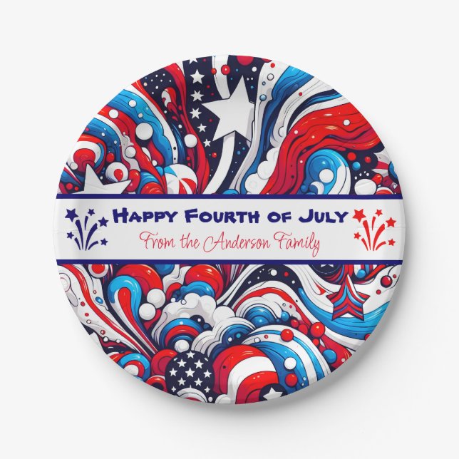 Red, White and Blue Patriotic Personalised Paper Plate (Front)